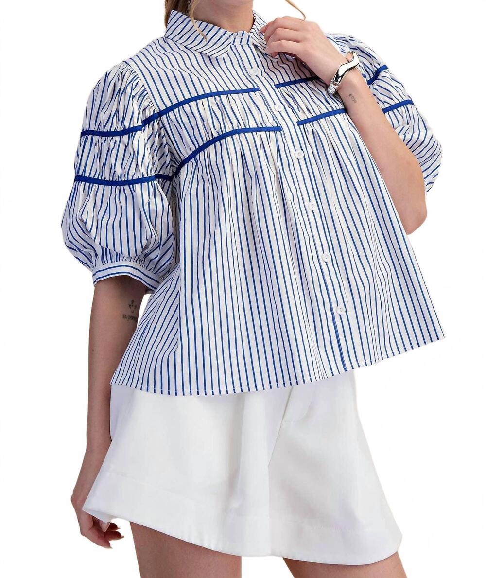 NEW GLAM puff sleeve contrast detail stripe shirt top in blue